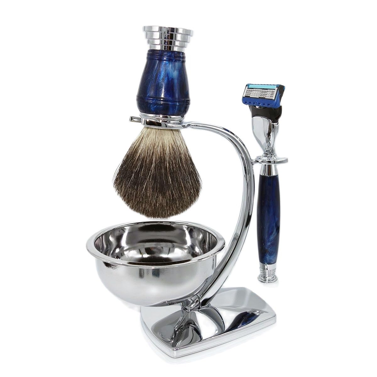 Juego de aseo de lujo para hombre, 5 cuchillas, compatible con maquinilla de afeitar, 100% pelo de tejón, cepillo de afeitar con mango marfil y base de soporte para jabón, diseño elegante,