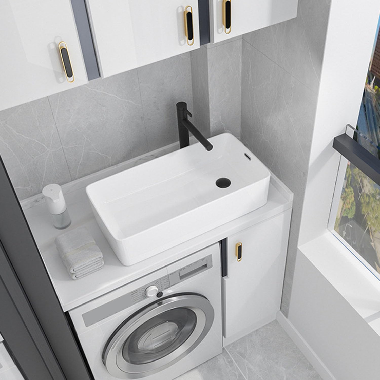 Lavabo da Appoggio in Ceramica con Troppopieno, Lavello Rettangolare Moderno con Scarichi Laterali e Scarico Pop-up per Bagno e WC degli Ospiti