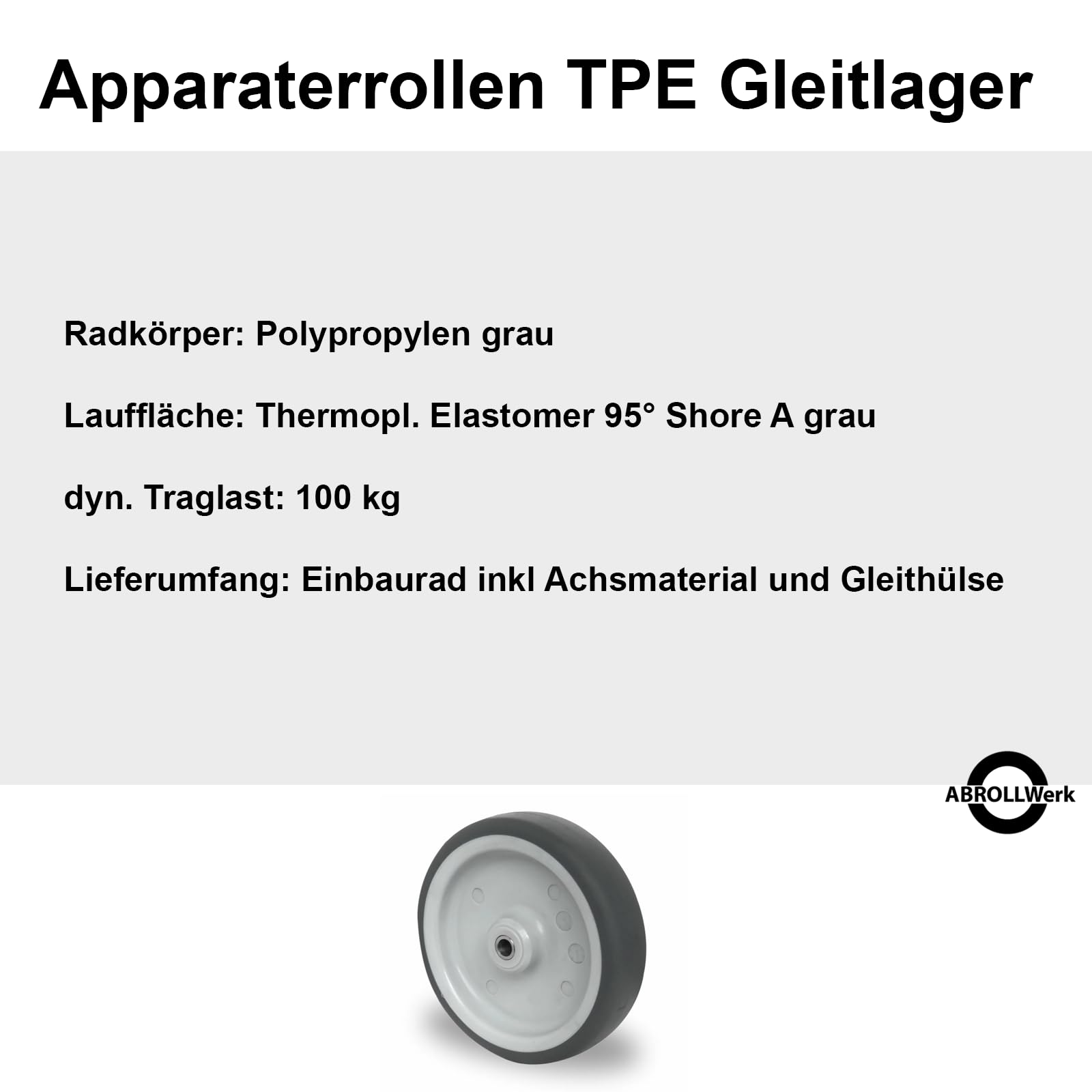 4er Set Einbaurad 125 mm inkl. Achse, Apparaterolle, T.P.E. Gleitlager, Robuste leichtgängige Transportrollen Geräterollen Möbelrollen Industrierollen