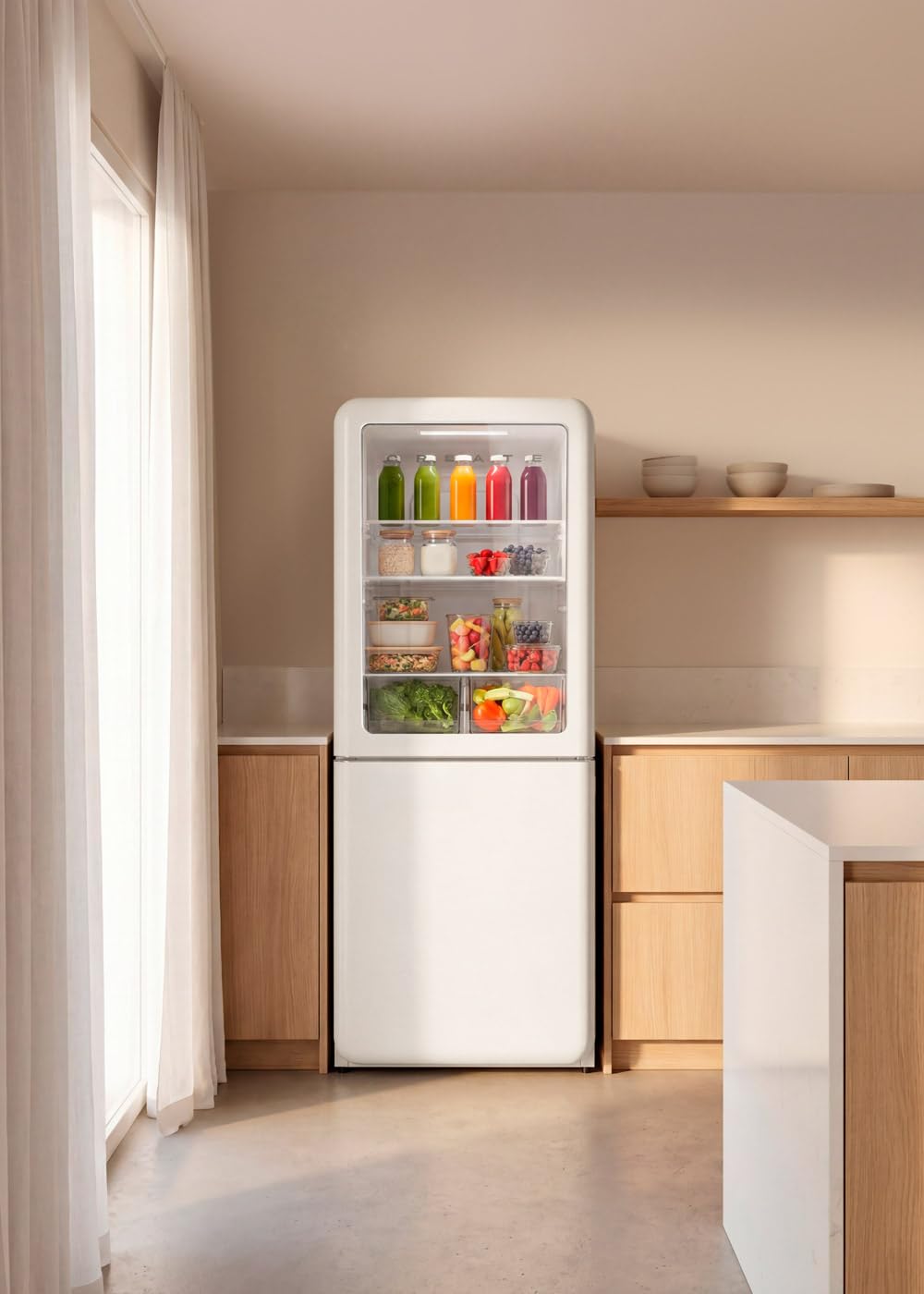 CREATE / FRIDGE RETRO KNOCK KNOCK 401L / Frigorífico combi con ventana de visualización blanco/No Frost, tecnología inverter, función enfriamiento rápido, control de temperatura, estilo retro, 190W