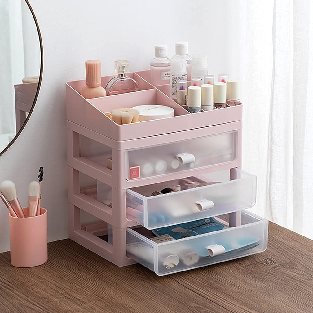 Mini organizer per cassetti portaoggetti in plastica rosa, per scrivania, bagno, ufficio, multifunzione, con cassetti impilabili per accessori da trucco, design compatto ed elegante, 26 x 18 x 29 cm
