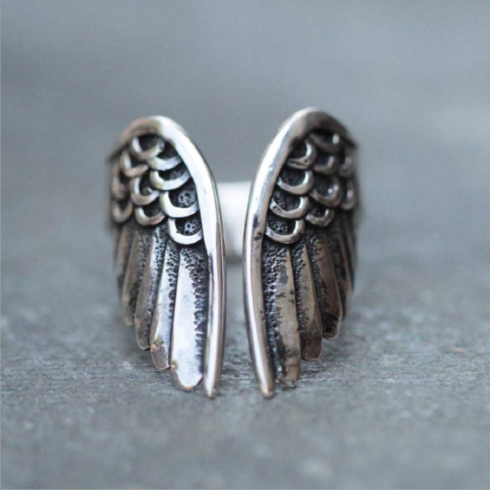 DUAN Antique Stainless Steel Ring Feather Angel Wing Cast Black Vintage Open Cuff Ring Punk Jewelry