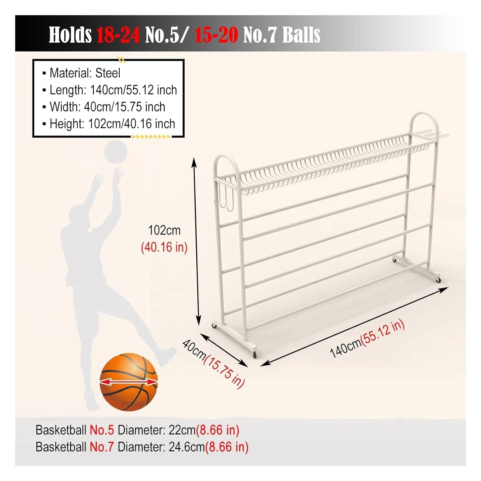 4-poziomowy mobilny sportowy stojak do przechowywania z kółkami i haczykami do koszykówki, piłki nożnej, siatkówki i sprzętu - długość 97 cm dla łatwego dostępu