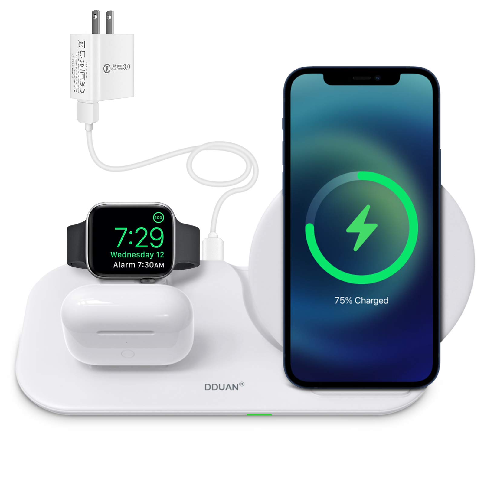 DDUAN Wireless Charger, 3 in 1 Qi Fast Charging Station Dock Compatible for Apple Watch, AirPods Pro/1/2, Charging Stand for iPhone 12/11/Pro/Max/XR/XS/XS Max/X /8/8 Plus/Samsung(18W Adapter Included)