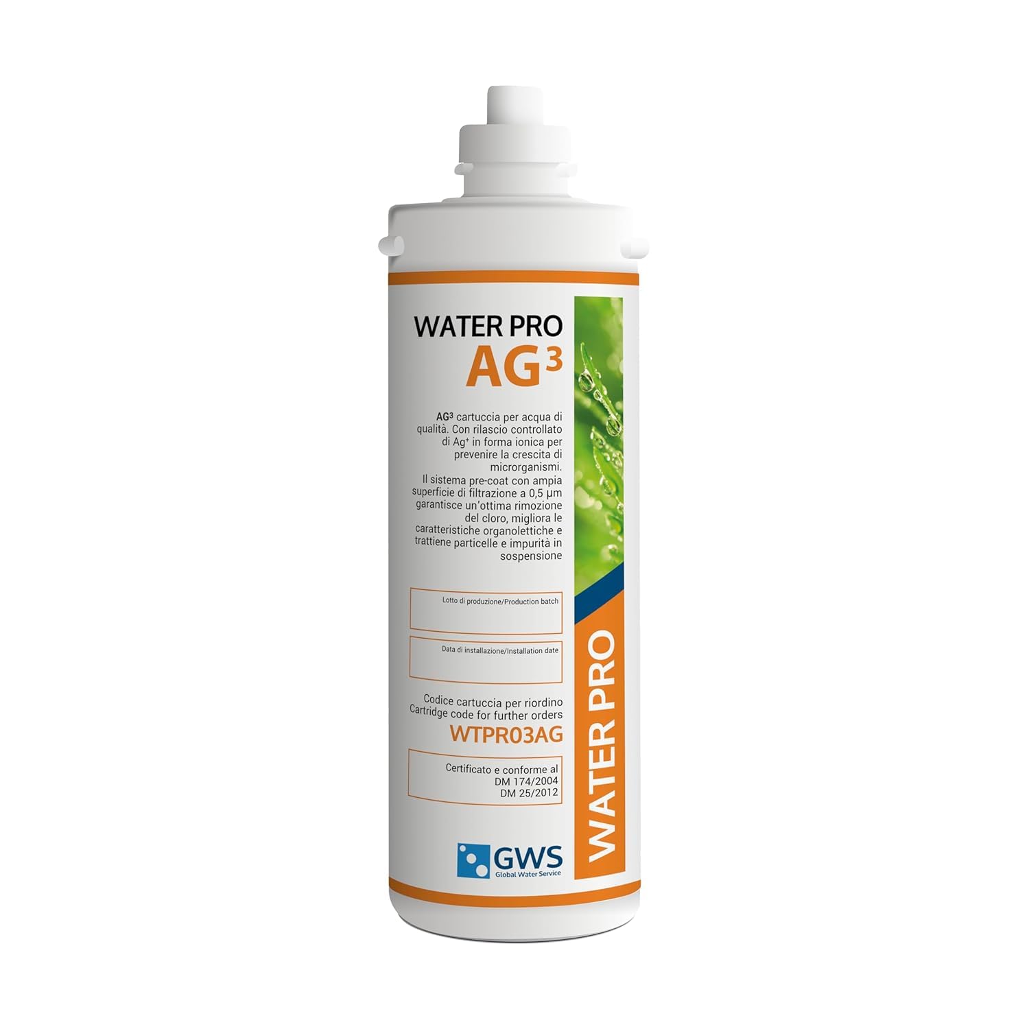 Filtro Acqua Microfiltrazione 0.5 µm Water Pro AG03 – Carbon Block con Membrana Plissettata – 5000 L – 3 L/min – Azione Batteriostatica – Riduce Cloro, Odori e Impurità