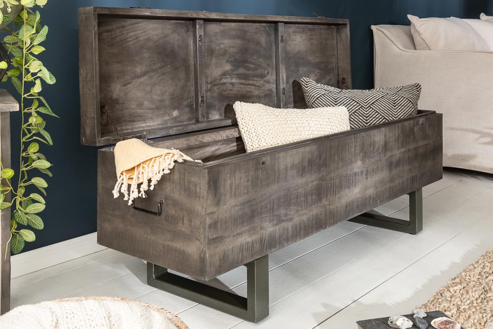 invicta INTERIOR Industrial Truhenbank Factory LOFT 115cm Mangoholz grau Sitzbank mit Stauraum Holzbank Truhe