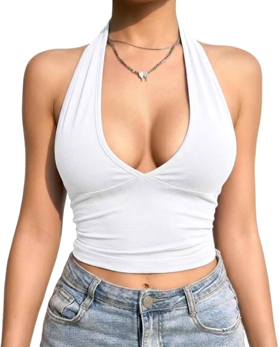 eoeoo Women's Sexy Halter Crop Top Deep V Neck Backless Tie-Back Going Out