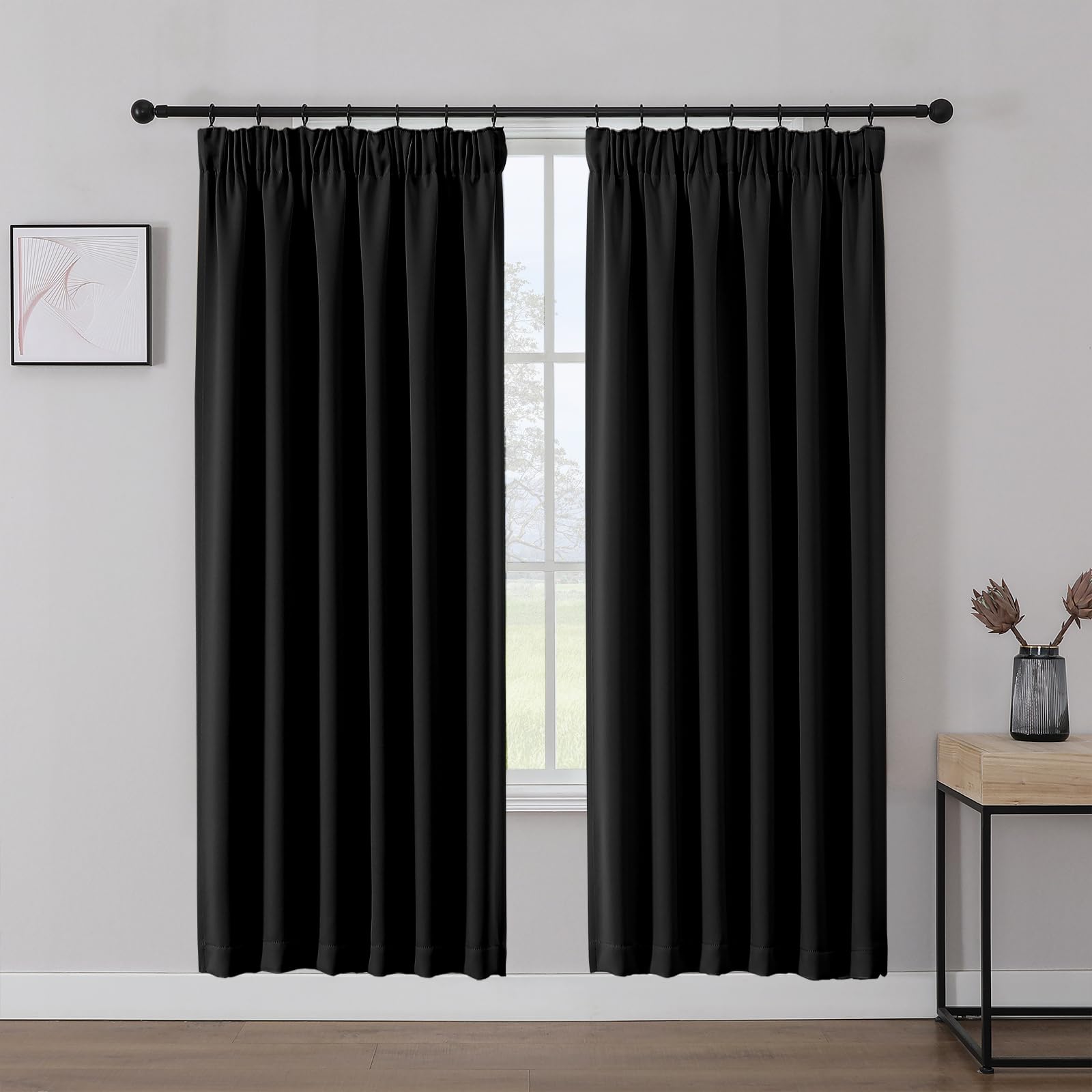 Joydeco Gardinen mit Kräuselband Vorhänge Blickdicht 2 Stück H 183 x B 117 cm Schienensystem Schwarz Verdunkelungsvorhang Thermovorhang Kälteschutz Schlafzimmer Blackout Curtains