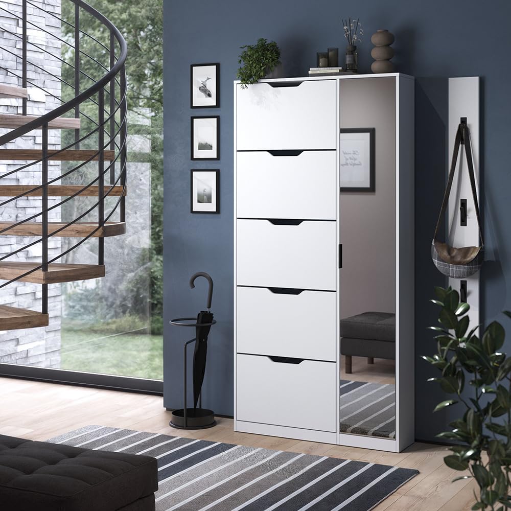 Vicco Zapatera abatible Luca, Blanco, 90 x 180.5 cm con 5 compartimentos basculantes y espejo