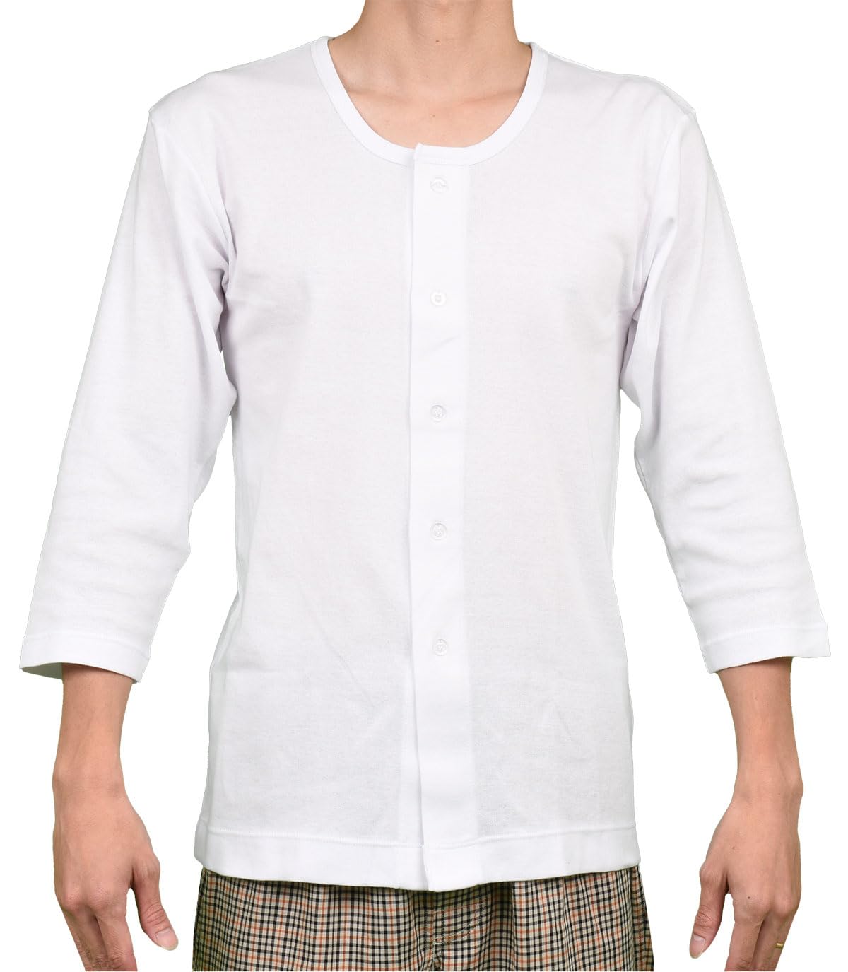 [京都肌着本舗] 紳士 七分袖ボタン付き全開丸首Tシャツ 7選べる3色.ソフトなフライス編み.綿100％.