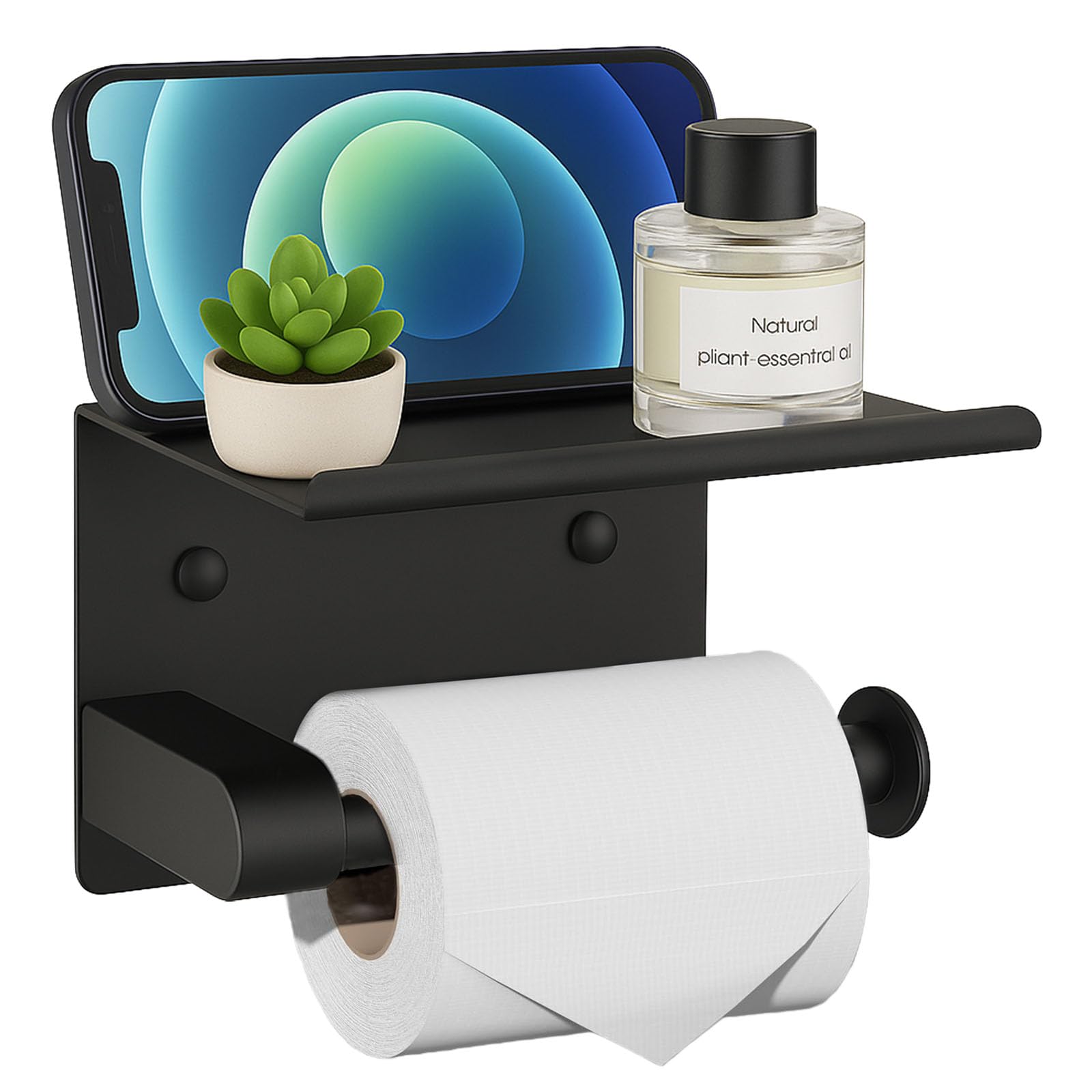 Black Toilet Paper Holder with Shelf - Rustproof Stainless Steel Wall Mount or Self Adhesive Bathroom Tissue Roll Holder - Fits Mega Rolls, for Bathroom, Washroom, Kitchen & RV Decor
