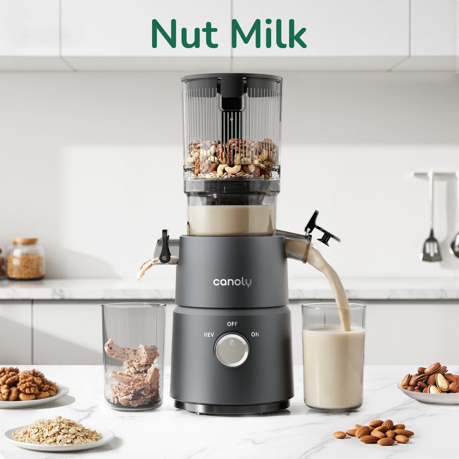 Canoly Cold Press Juicer, 350W Slow Juicer Machine with 4.5" Wide Feed Chute, Masticating Juicer Supports Whole Fruits & Vegetables, Reverse Function, Easy to Clean with Brush, Space Black - Image 7