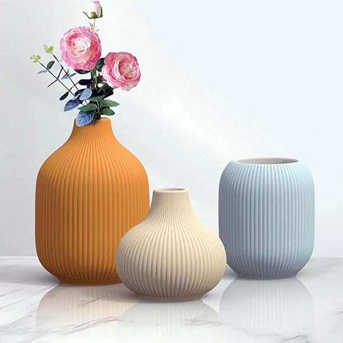 Set of 3 Vibrant Ceramic Vases in Light Blue, Mustard