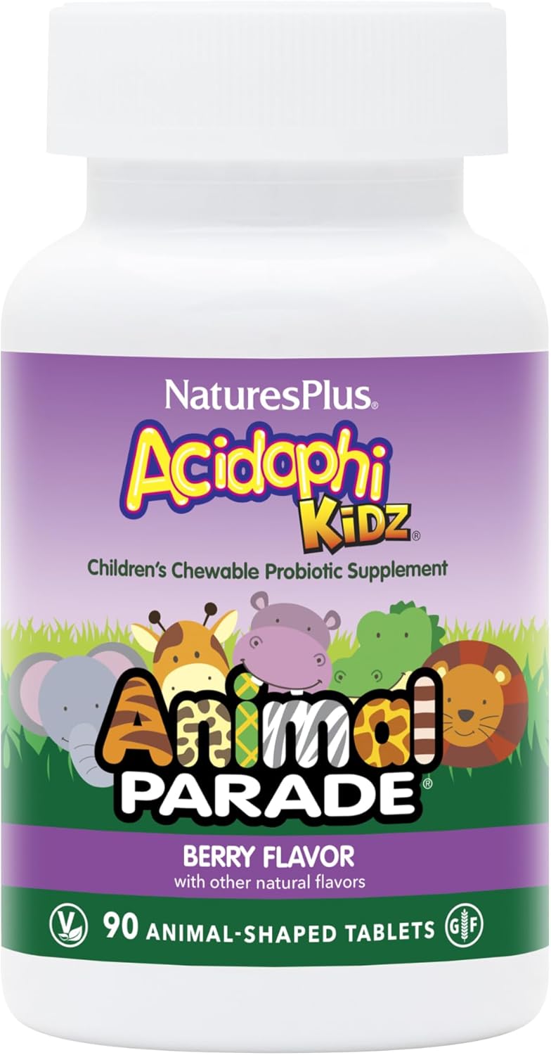 NaturesPlus Animal Parade AcidophiKidz, Berry Flavor – 90 Chewable, Animal-Shaped Tablets – Pack of 2 – with Probiotics, FOS & Grape Seed – 180 Total Servings