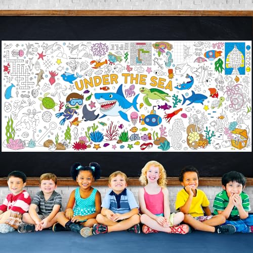 Image of Under The Sea Large Coloring Poster for Kids 30 x 72 Inch, Ocean Animals Giant Coloring Paper Tablecloth, Sea Themed Color-in Activities Games for Kids School Classroom Home Party Supplies Decorations