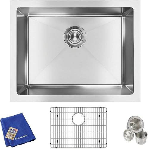 Elkay EFRU2115TC Crosstown - Fregadero de cocina de acero inoxidable de 23-12 pulgadas con estante para lavabo y colador de cesta - Acero inoxidable
