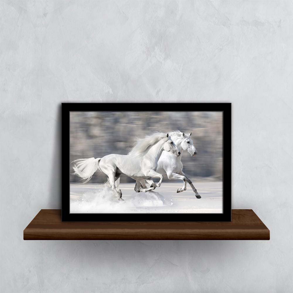 ArtzFolio Two White Horses In Winter Paper Poster Black Frame | Top Acrylic Glass 13 x 9 inch (33 x 23 cms)