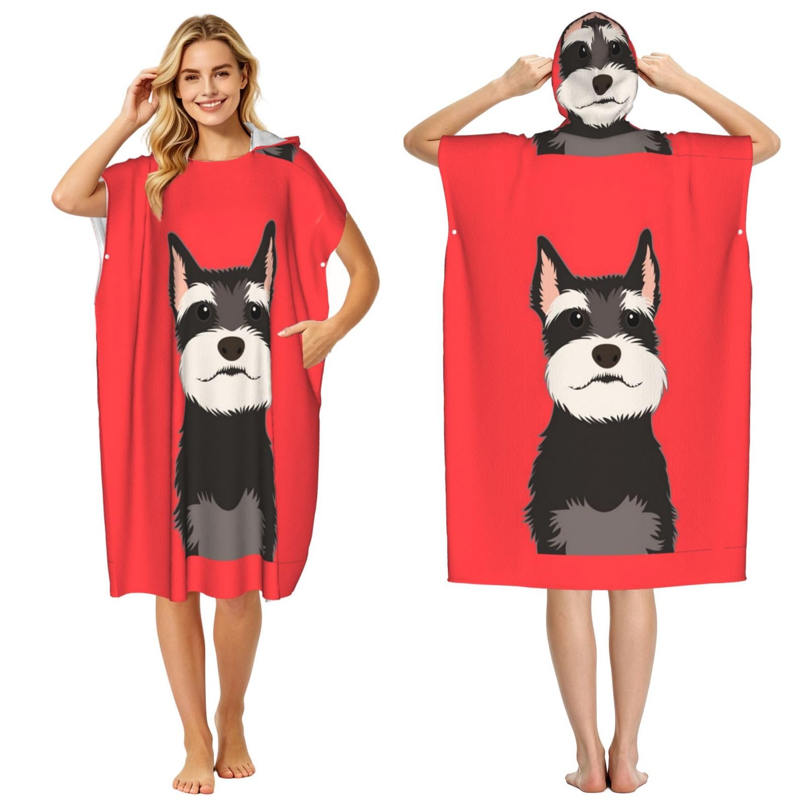 Poadnly Schnauzer Buddy Dog, Adult Hooded Beach Towel 90 x 110 cm,Changing Bath Robe, Surf Poncho Towel For Women Men