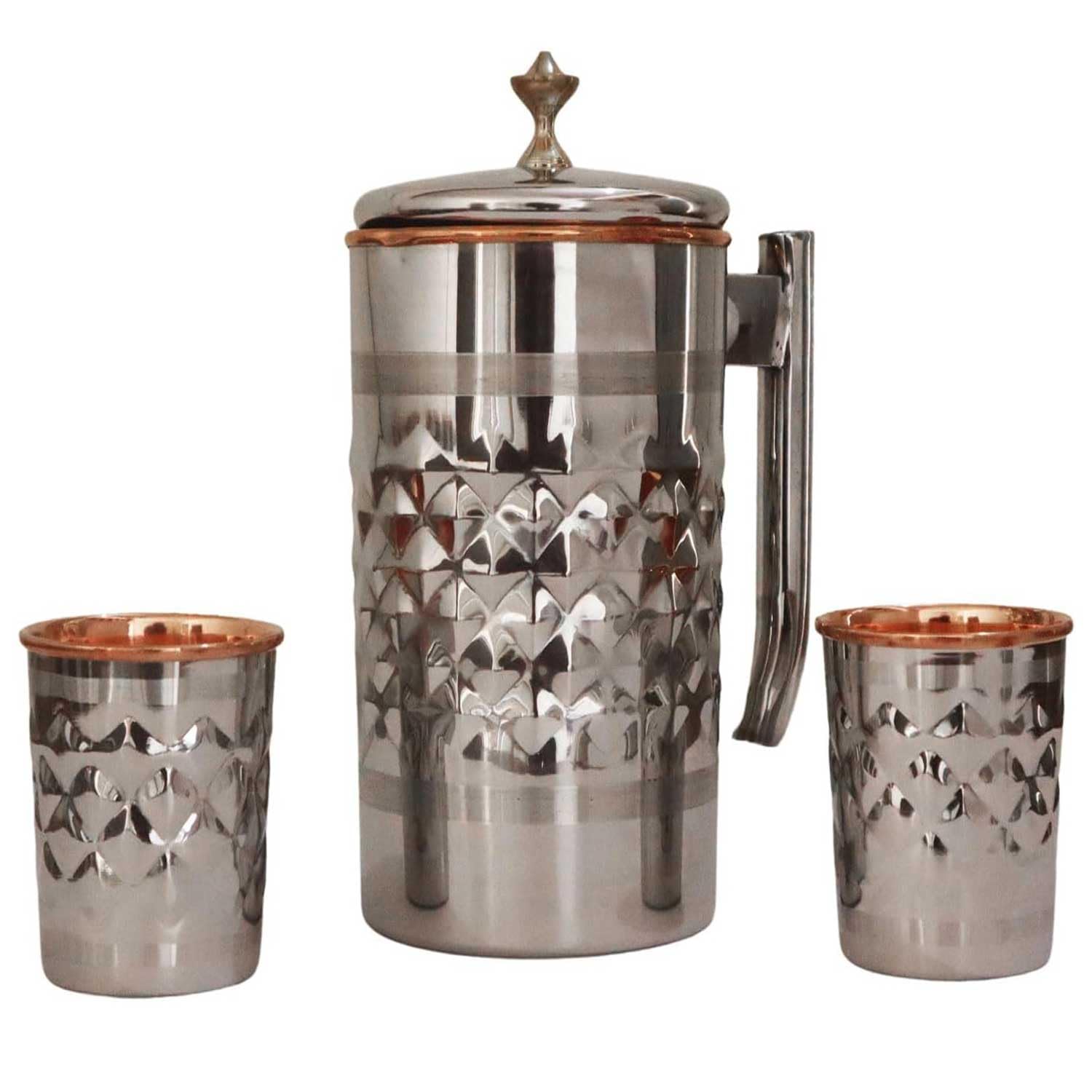 Pichet à eau en acier inoxydable et cuivre pur avec 2 gobelets assortis pour les bienfaits de la santé ayurveda (motif diamant)