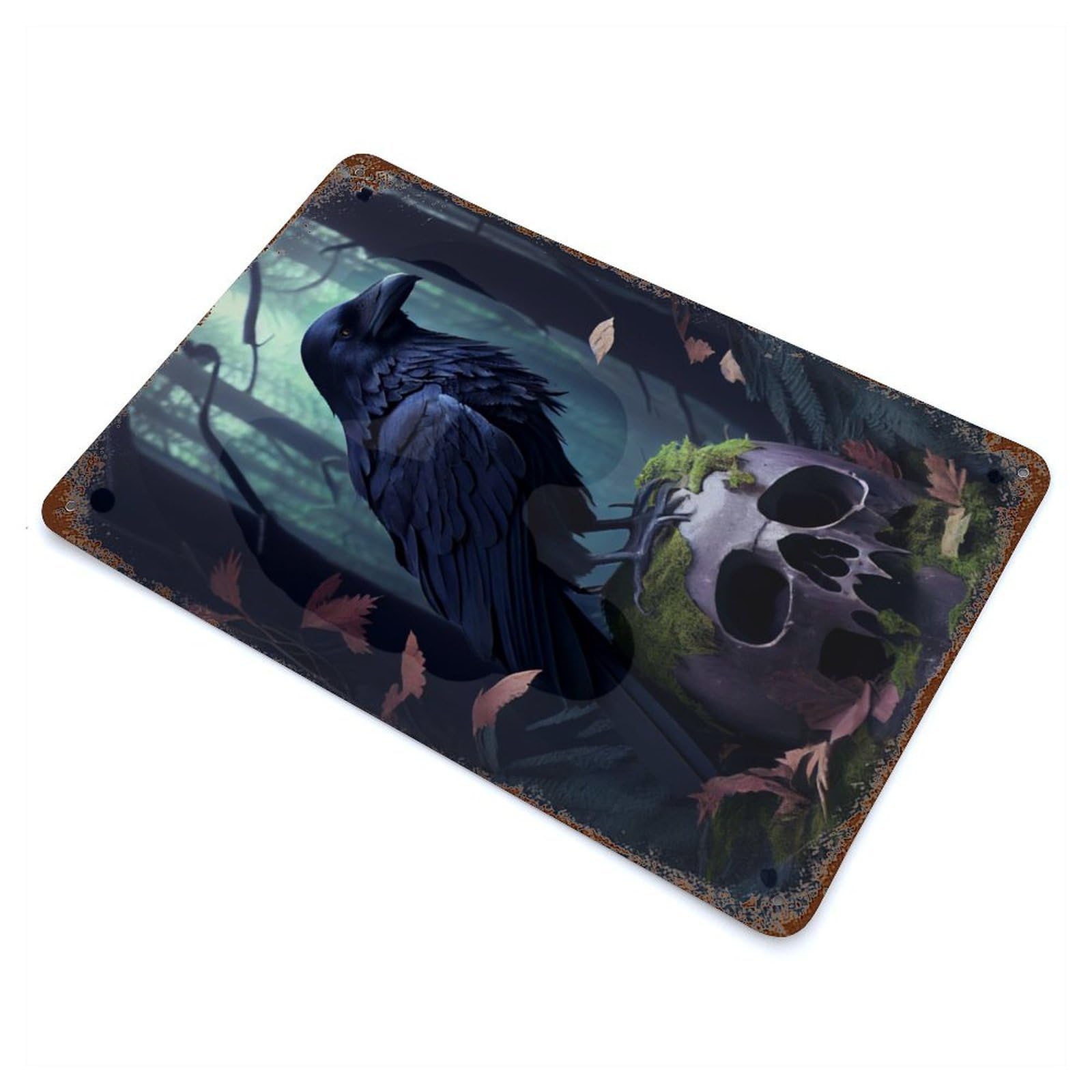 Garage Style Raven Skull Weathered Tin Sign 11.8"x7.9", Classic Wall Plaque for Bar And Workshop