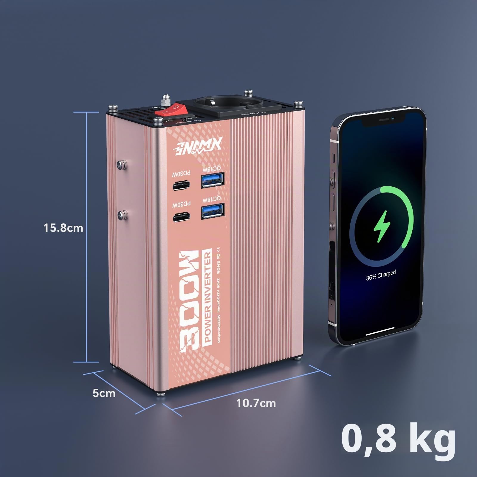 XWJNE 300W Inversor 12V a 220V, Convertidor para Coche con 1 Enchufe EU, 2 Puertos USB-A, 2 Puertos USB-C, Inversor de Corriente Onda Sinusoidal Modificada con Enchufe de Mechero y Protección Múltiple