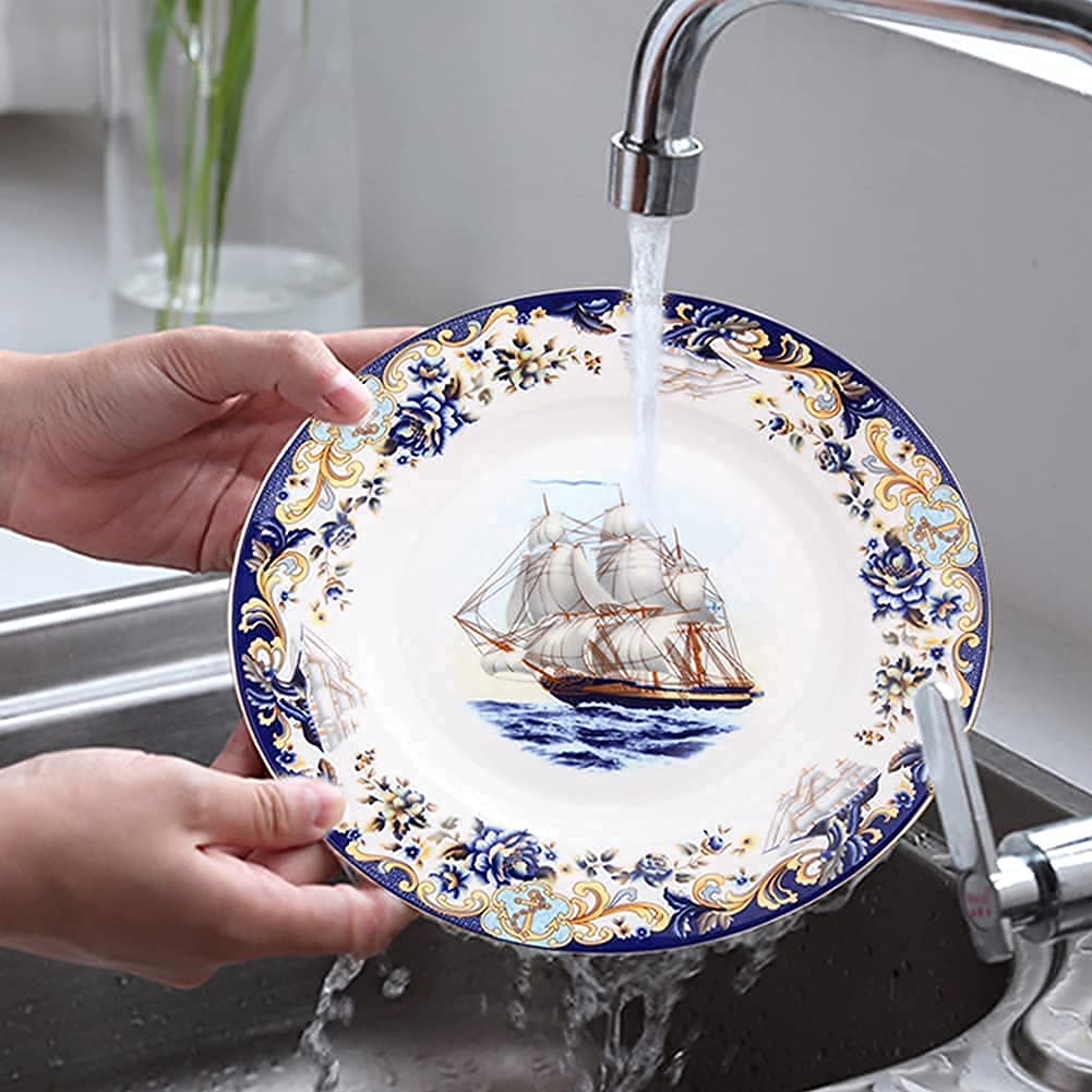 Zestawy zastawy stołowej zestaw naczyń, 58 szt., porcelana kostna porcelanowa zastawa stołowa zestaw z talerzami miseczkami i naczyniami, wzór żaglówki ceramiczny zestaw obiadowy (