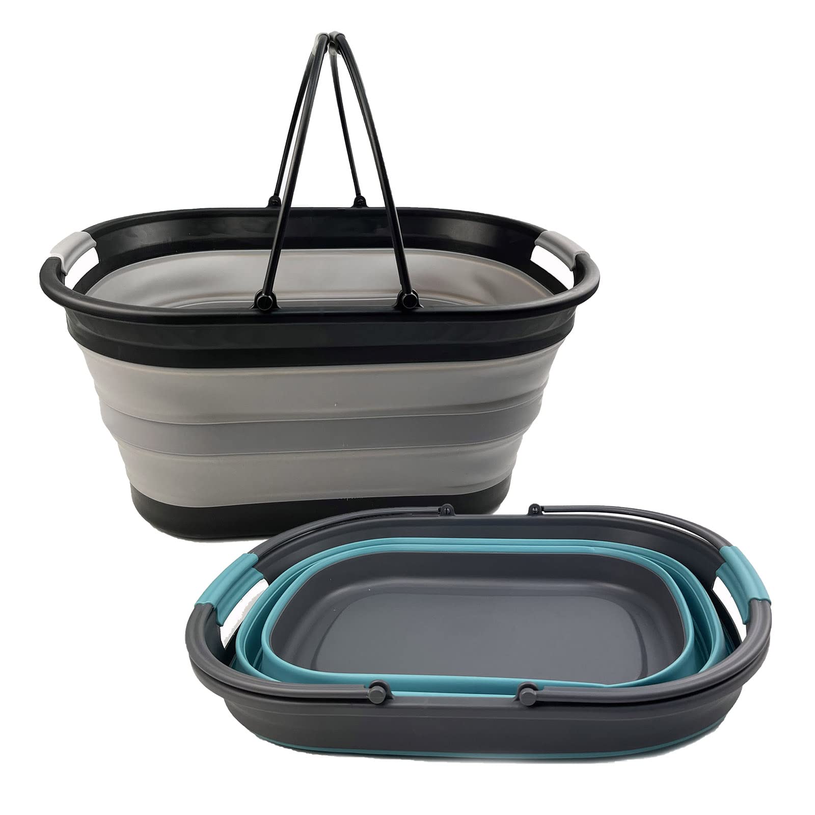 SAMMART Collapsible Laundry Basket - Foldable Pop-Up Hamper, Portable Storage Bin, Grey & Blue Oval Design