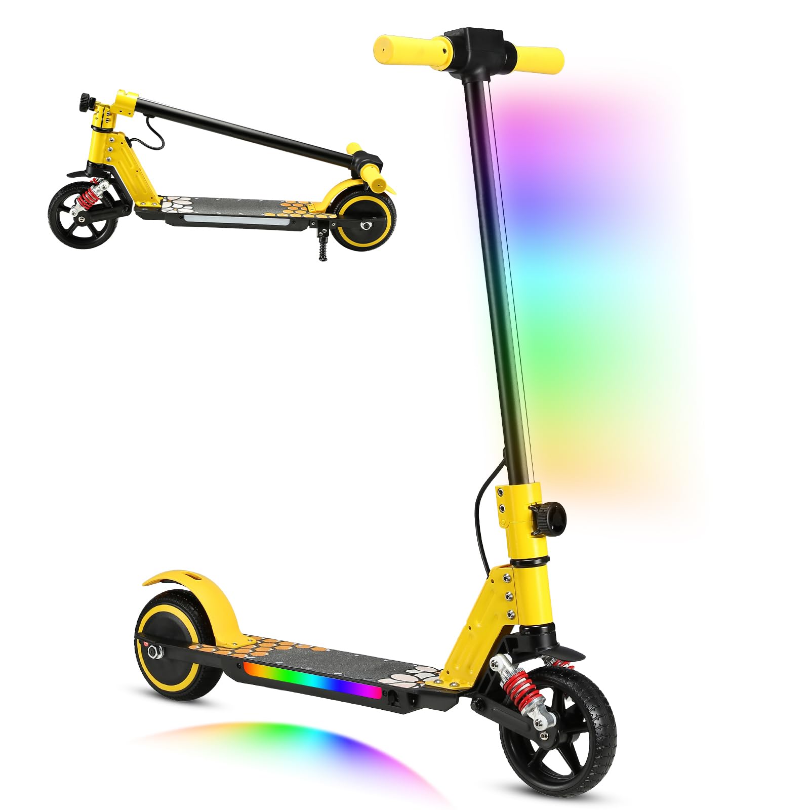 scoot4kids Kids Electric Scooter, Ages 6-12,130W Motor, 14 km/h Max Speed, 8 km Range, Colorful LED Lights, Foldable Design, Safe E-Scooter for Boys and Girls, Gift for Children and Teens (Yellow)