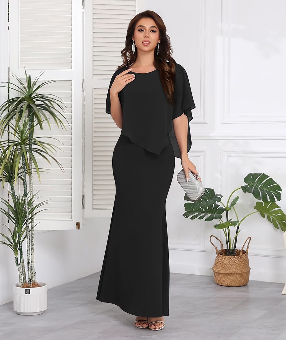 Cape Dresses for Women Long Formal Elegant Evening Party Coktail Dress Hot Drilling Sleeveless Chiffon Mermaid Guest Dresses - Image 5