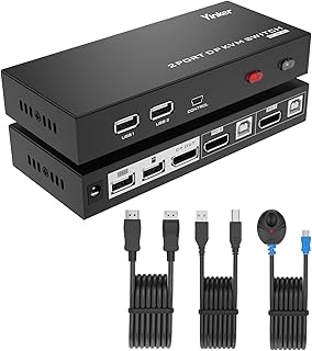 KVM Switch Displayport 2 Port, Yinker 4K@60Hz DP KVM Switch 2 in 1 Out 2 Computers 1 Monitor Switch with Cables, Hotkey, Wired Selector, 4 USB Hubs