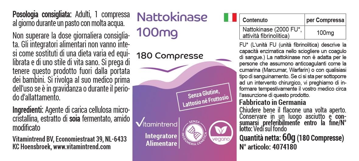 Vitamintrend Nattokinase 100mg, 180 tabletek po 100mg (21.800 FU/g), wysoka dawka, wegański, bez stearynianu magnezu, wyprodukowany w Niemczech