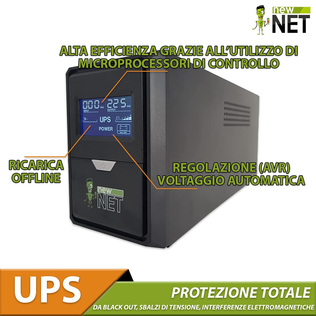 new net ® ups/Stabilizzatore di Tensione Corrente/Gruppo di continuità per Videosorveglianza Stampante TV Telecamera Video Camera Computer 3 Prese shuko [ 700 W - 1200 VA ]