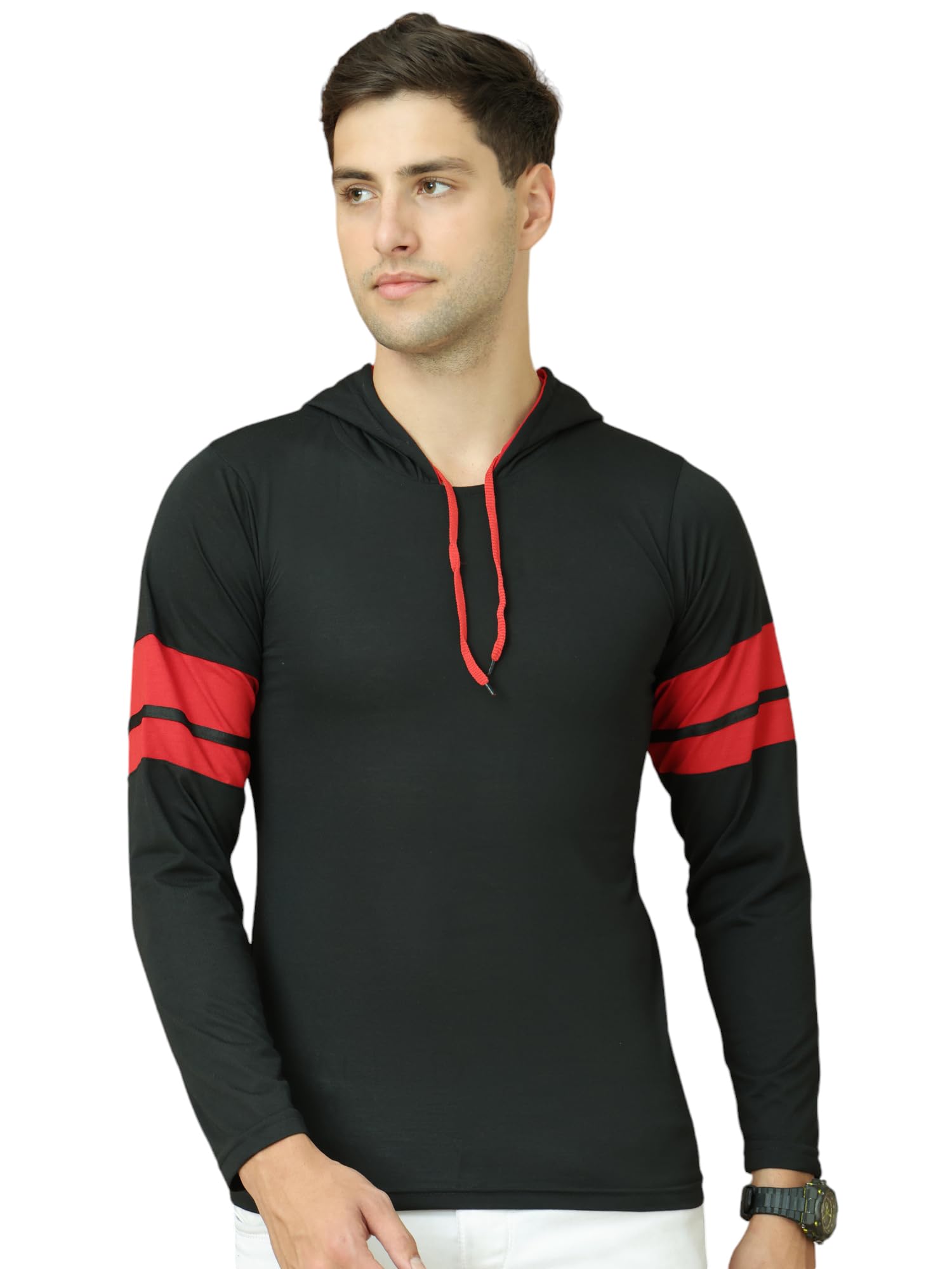Cotton Blended Regular Fit Full Sleeve Hooded Neck T-Shirts for Men's-image-30
