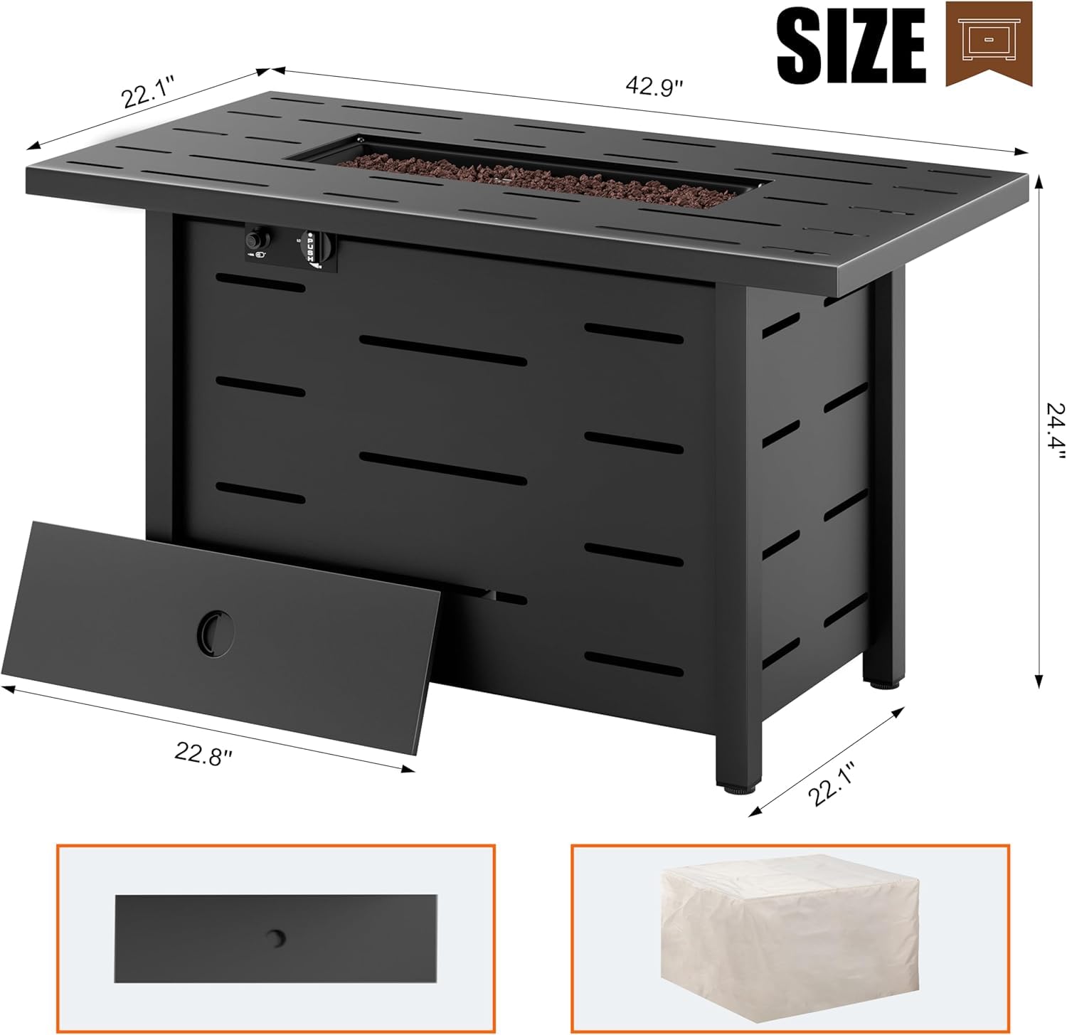 Shintenchi 43 inch Outdoor Propane Fire Pit 50,000 BTU Gas Fire Pit Table with Lid, Waterproof Cover, Rectangle Gas Firepit Table for Garden/Patio, CSA Certification - 2