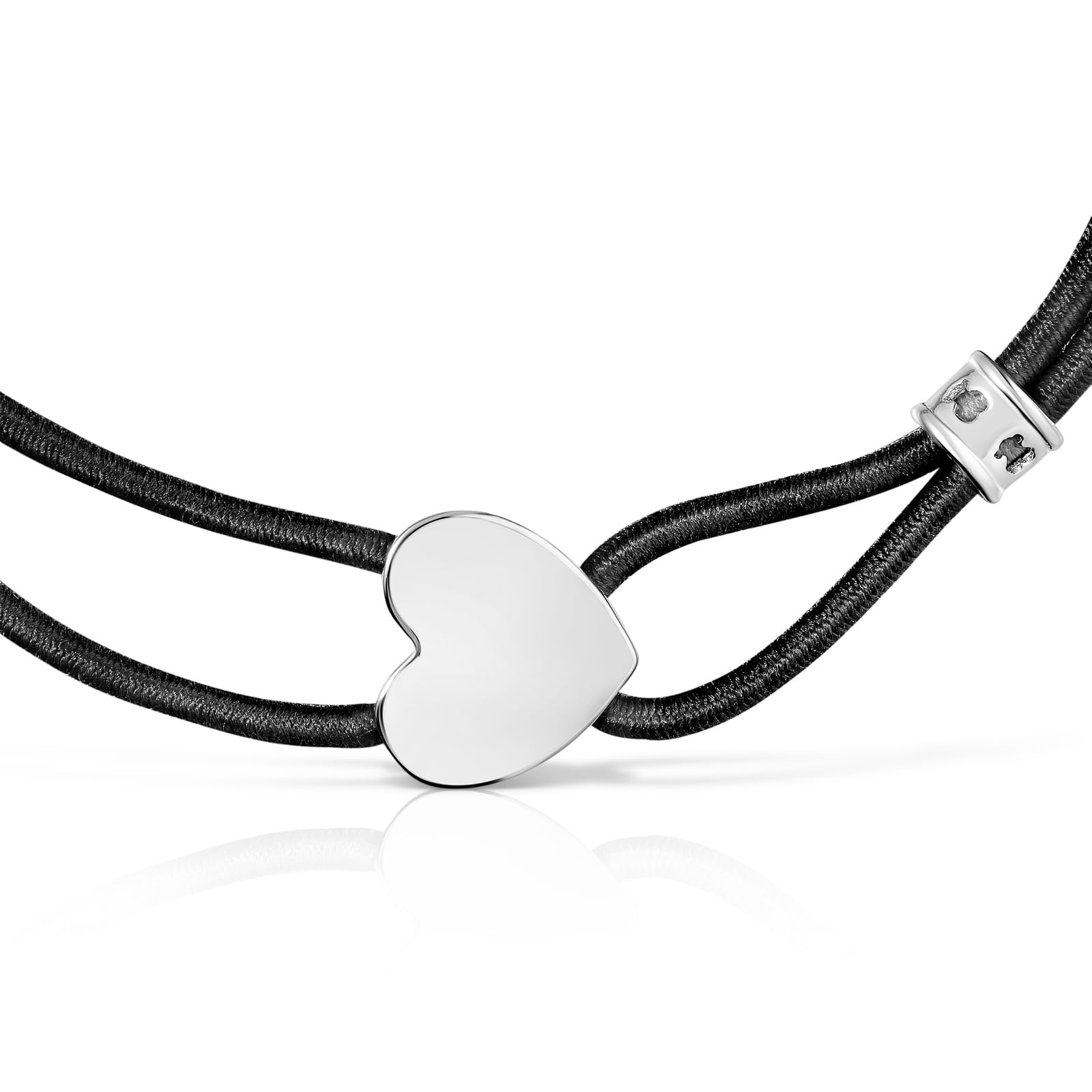 TOUS Pulsera Elástica Negra para Mujer con Motivo de Corazón de Plata de Primera Ley, Colección Sweet Dolls