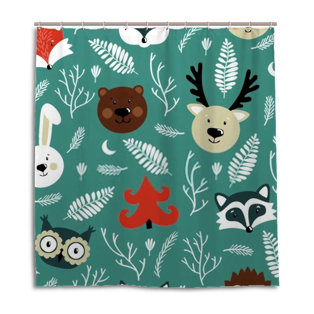 Rideau de douche animaux de la forêt en tissu polyester imperméable anti-moisissure avec anneaux