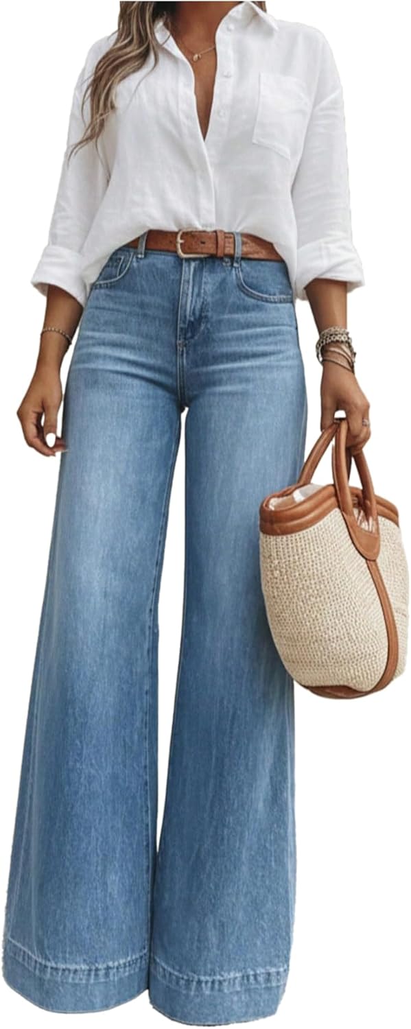 Women's Wide Leg Jeans Dressy Casual High Waisted Baggy Stretchy Denim Pants