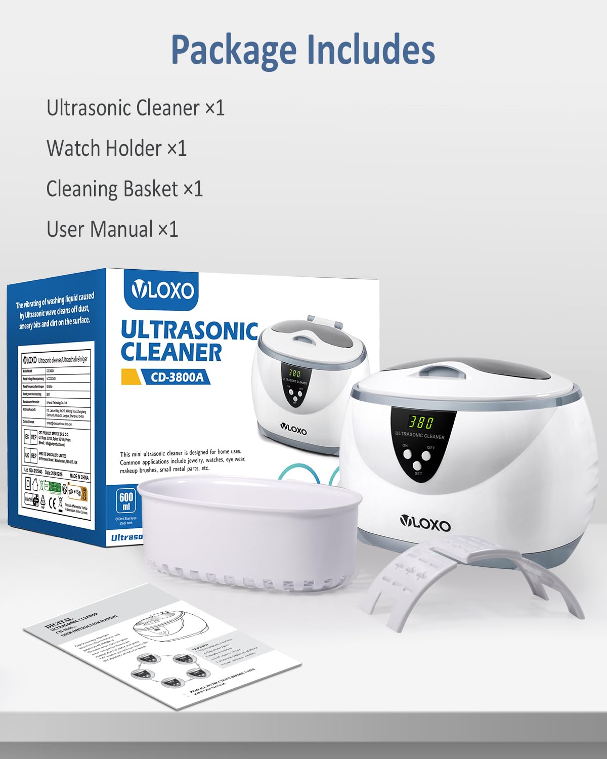 VLOXO Ultraschallreinigungsgerät 42-47kHz 600ml 50W mit Timer & Anzeige