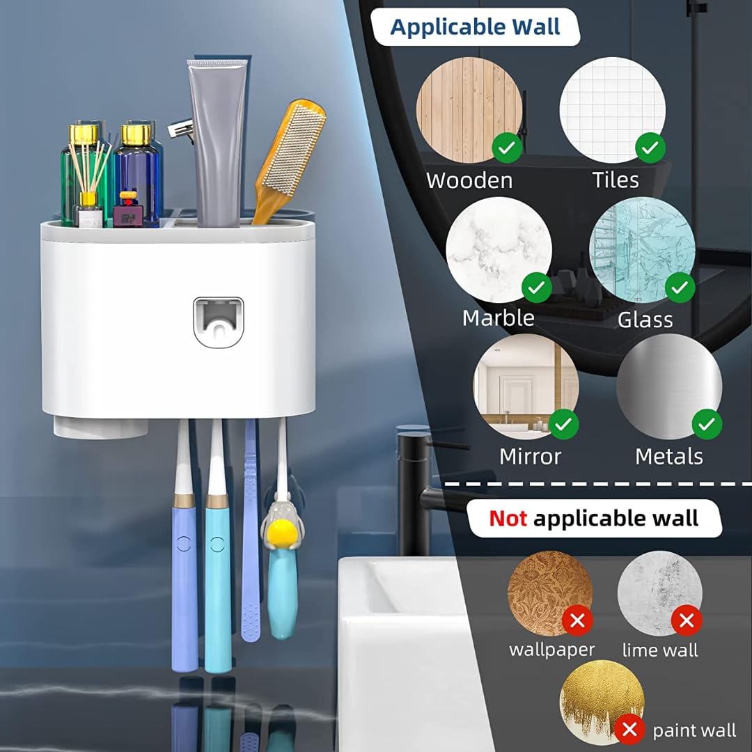 Soporte para cepillo de dientes montado en la pared, soportes para cepillo de dientes para baño, dispensador de pasta de dientes con 4 ganchos para cepillo de dientes (1 taza)