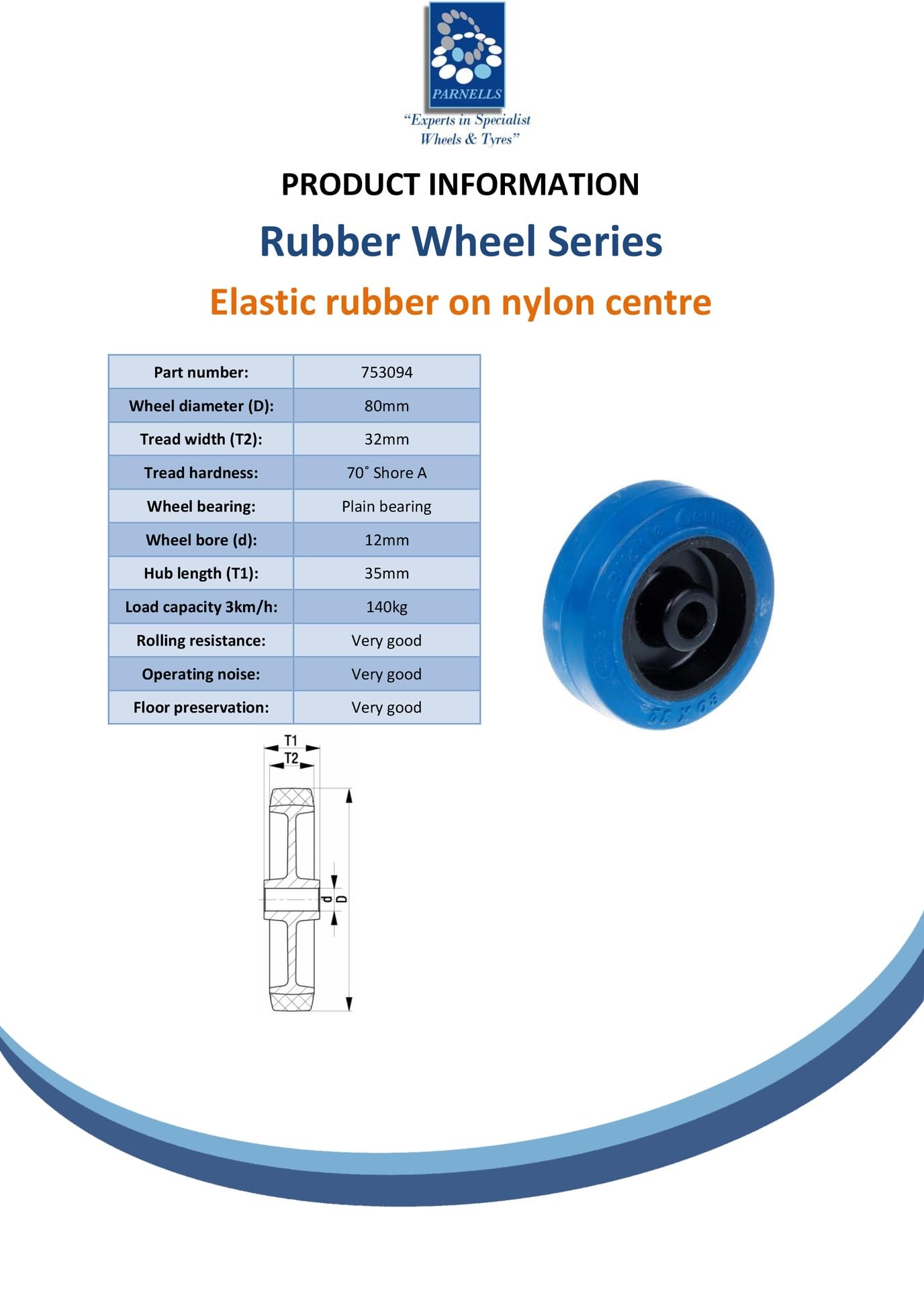 Roue en caoutchouc bleu 80 mm avec centre en nylon pour une capacité de 140 kg.