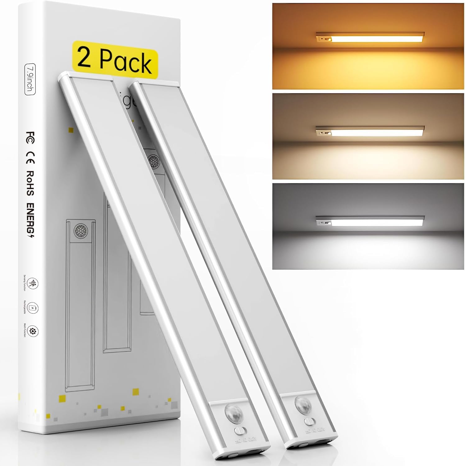 Under Cabinet Lighting, 8 inch Battery Operated LED Motion Sensor Light with 3 Color Temps, 1000mAh Rechargeable Wireless Magnetic Dimmable Closet Lights for Kitchen, Cabinets, Stairs, Wardrobe