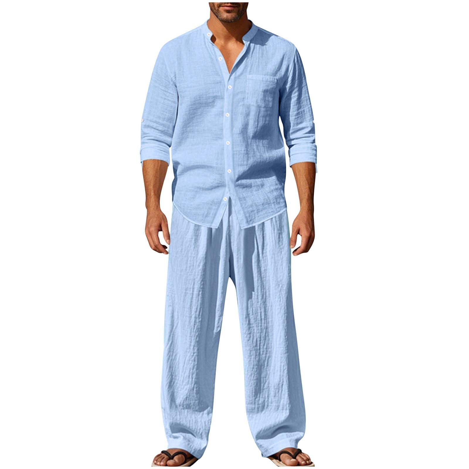 EMATOP Leinen Outfits Herren Sommer Leicht Sportanzug Lässiges Einfarbig Jogginganzug Baumwolle Leinen Tracksuit Casual 2 Teiliges Sommerhemd und Lang Hosen Freizeitanzug Zweiteiler Workout Set