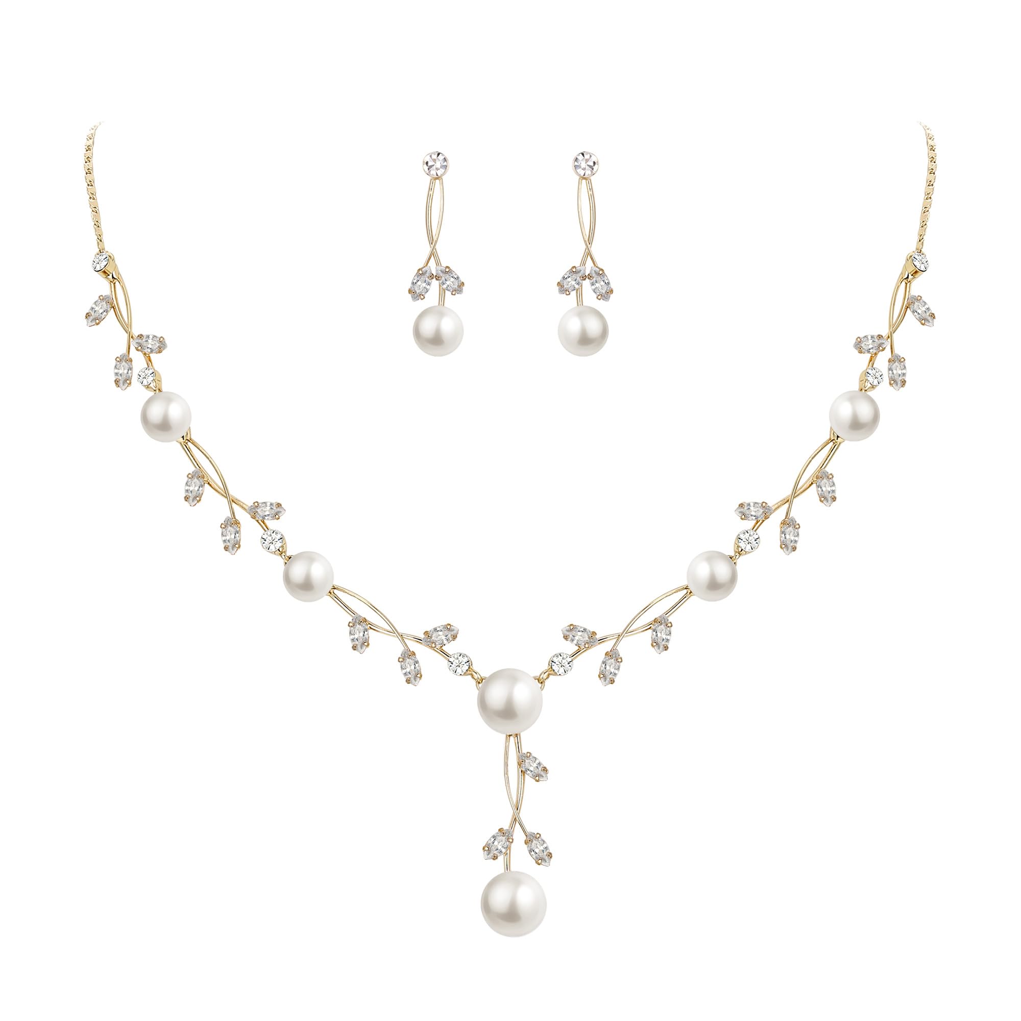 EVER FAITHWedding Pearl Jewelry for Bride CZ Crystal Simulated Pearls Floral Vine Filigree Bridal Necklace Earrings Set