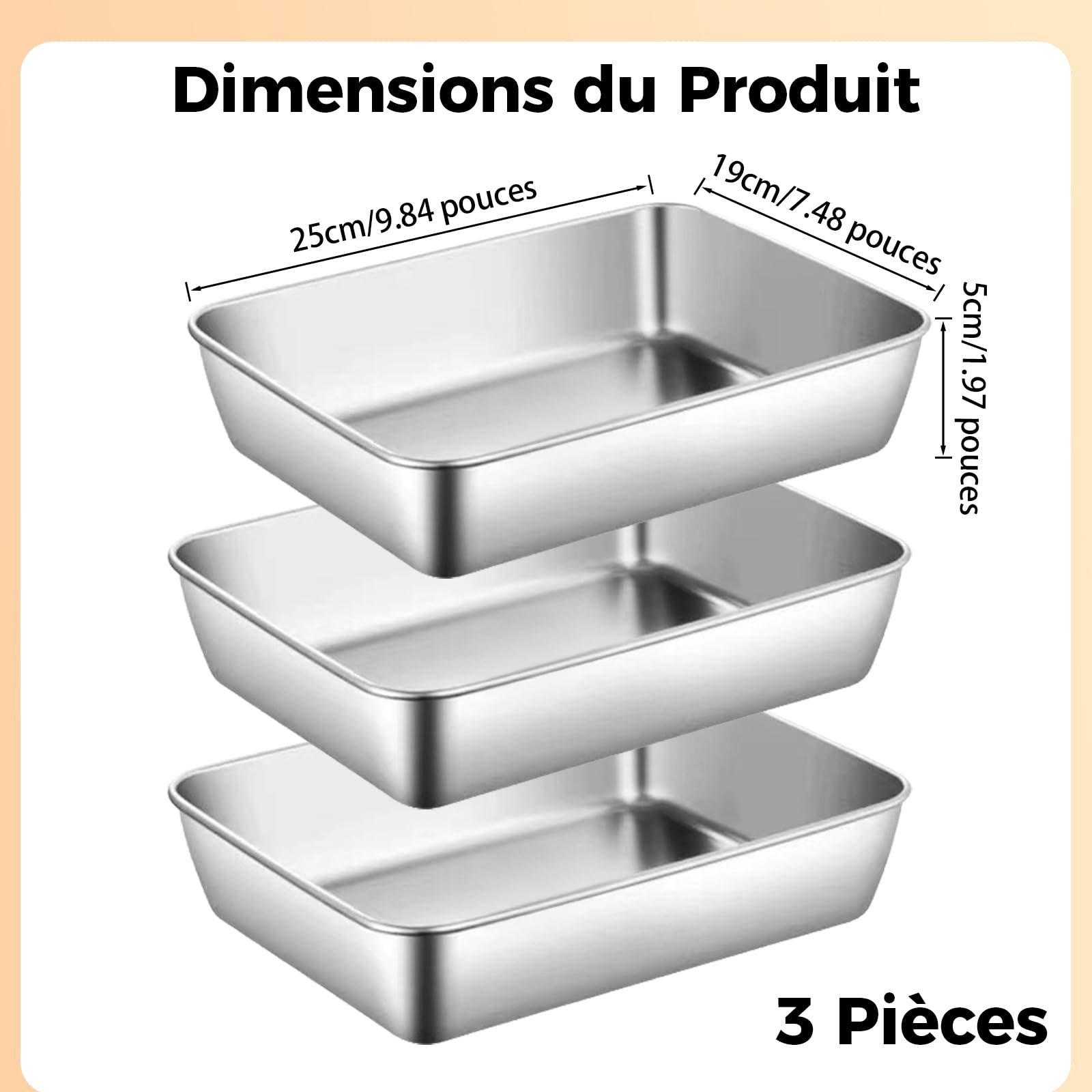 3 Plateaux à Panure en Inox, 25 x 19 x 5 cm, Plateaux Rectangulaires pour Schnitzels, Poisson, Viande et Légumes, Empilables, Inox anti-rouille, Idéal pour la Panure en Cuisine