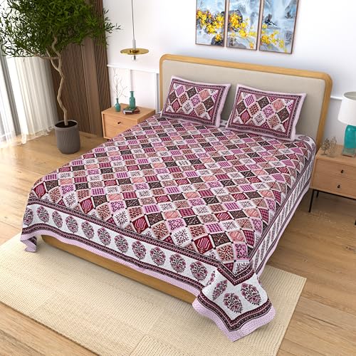 Image of India 100% Pure Cotton Jaipuri Printed Double Bedsheet with 2 Pillow Covers | Traditional Sanganeri Floral Design | Soft Breathable Fabric | King Size Bedsheet for Bedroom (Kaya42)