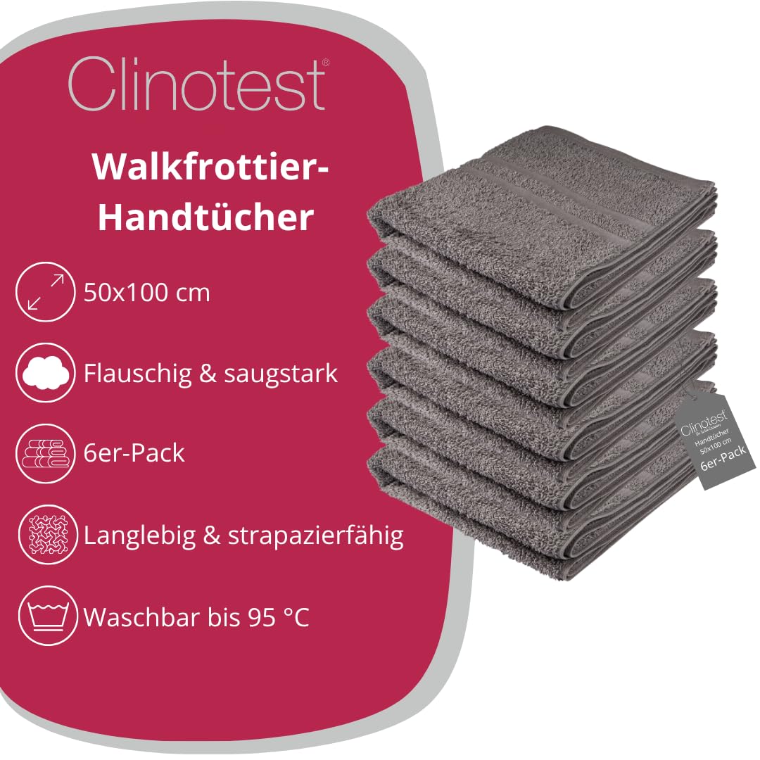 Clinotest 6er Luxus Handtücher-Set 50x100cm – 100% Baumwolle, Hotelqualität, 450g/m² – Weich, Hohe Saugfähigkeit, Langlebig, Schnelltrocknend, Perfekt für Spa, Badezimmer & Hotels, Grau