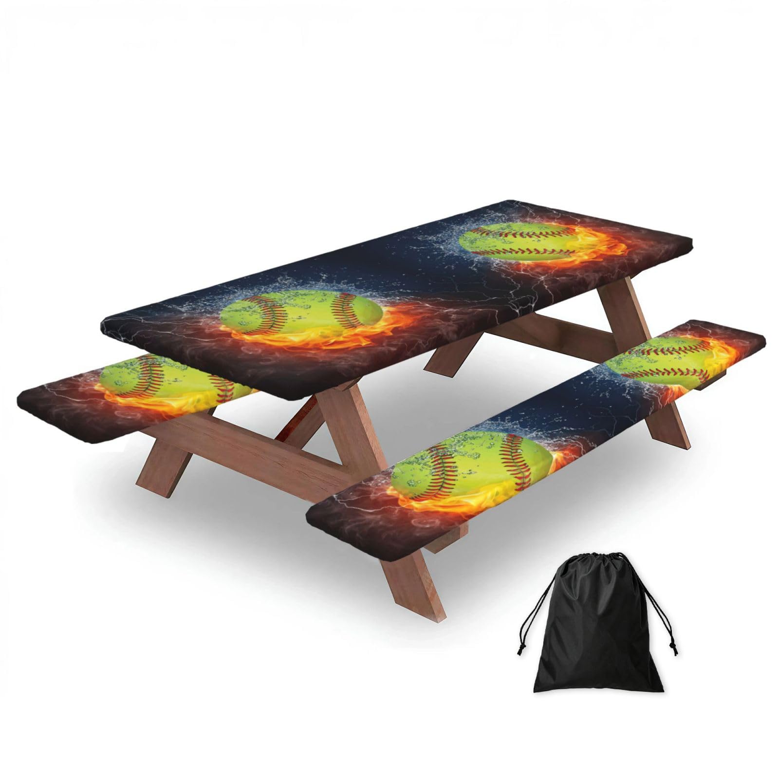 Zyjhyy Black Softball Print 3 Pack Wipeable Picnic Bench Cover And Table Cover Lightweight Table Cloth For Camping Outdoor