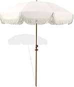 6.5ft Patio Umbrella with Fringe, Beach Umbrella, Fringe Umbrella Outdoor Patio with Hanging Hook, Tilting Aluminum Pole, UV 50+, Fiberglass Ribs, Elegant Cream