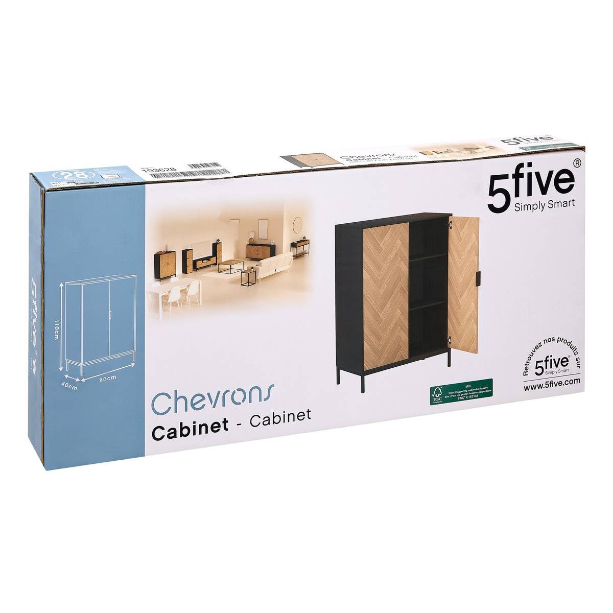 5 five simply smart 5five - Meuble de Rangement Chevrons Effet Bois et Noir, 2 Portes, H 110 x L 80 cm - Buffet pour Salon, Chambre, Entrée
