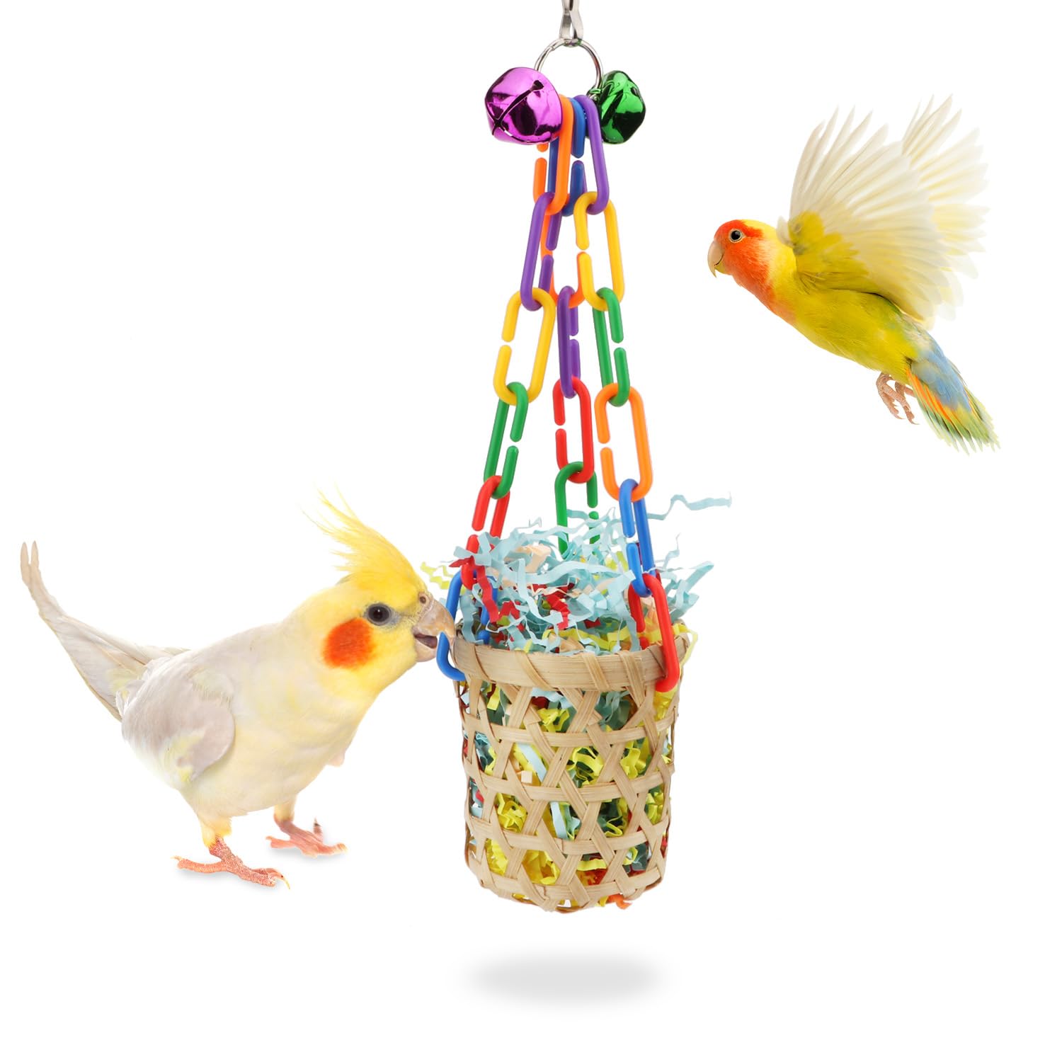 Wontee Bird Toys Colorful Shredding Crinkles Foraging Toys Natural Sola Ball for Parrots Cockatiels Conures Parakeets Budgies Senegal (Bamboo Basket (1 Pack))
